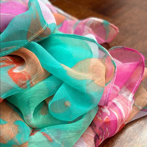 Long Silk Rectangular Scarf, Pink, Orange and Aqua Floral Print